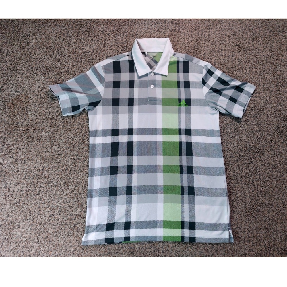 Adidas Climalite Golf Polo Size M White Green Gray Plaid Mens Performance Shirt